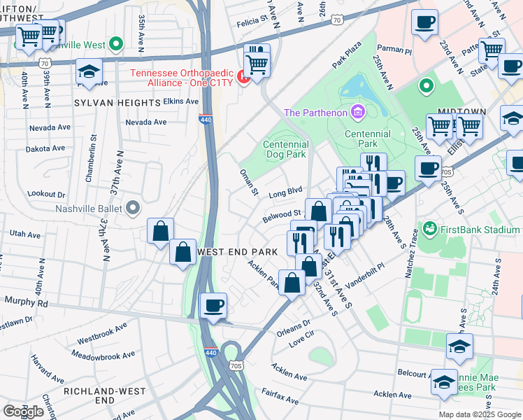 map of restaurants, bars, coffee shops, grocery stores, and more near 3138 Long Boulevard in Nashville