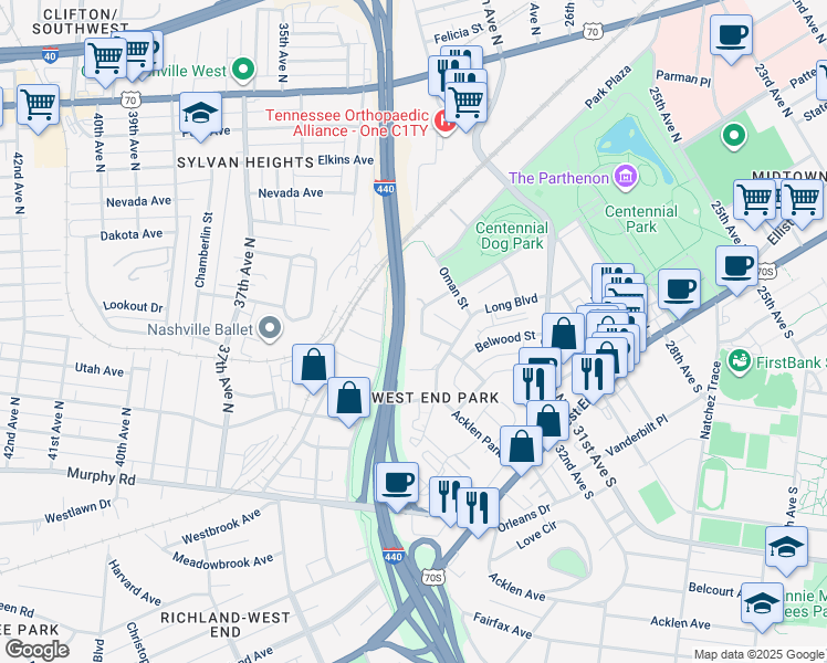 map of restaurants, bars, coffee shops, grocery stores, and more near 3178B Parthenon Avenue in Nashville