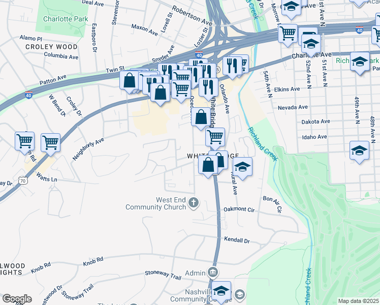 map of restaurants, bars, coffee shops, grocery stores, and more near 210 Bellmore Avenue in Nashville