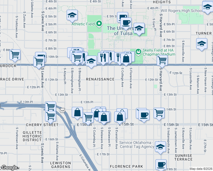 map of restaurants, bars, coffee shops, grocery stores, and more near in Tulsa