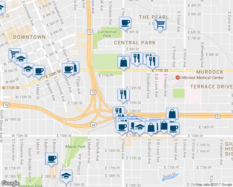 map of restaurants, bars, coffee shops, grocery stores, and more near 1216 South Peoria Avenue in Tulsa
