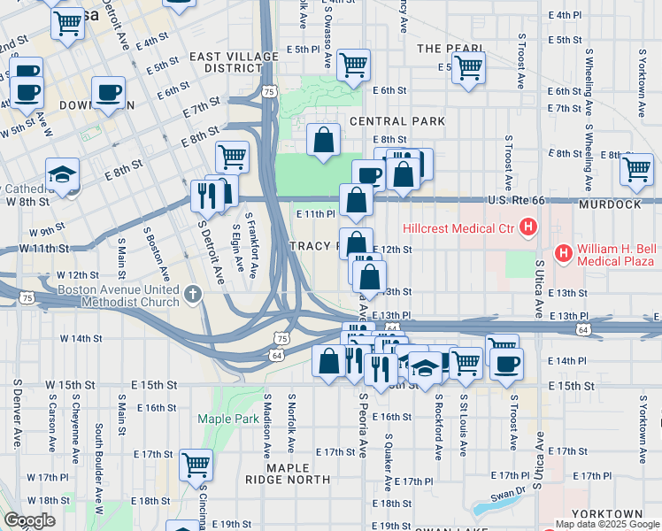 map of restaurants, bars, coffee shops, grocery stores, and more near 1215 South Newport Avenue in Tulsa