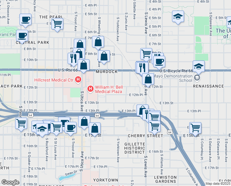 map of restaurants, bars, coffee shops, grocery stores, and more near 2031 East 12th Place in Tulsa