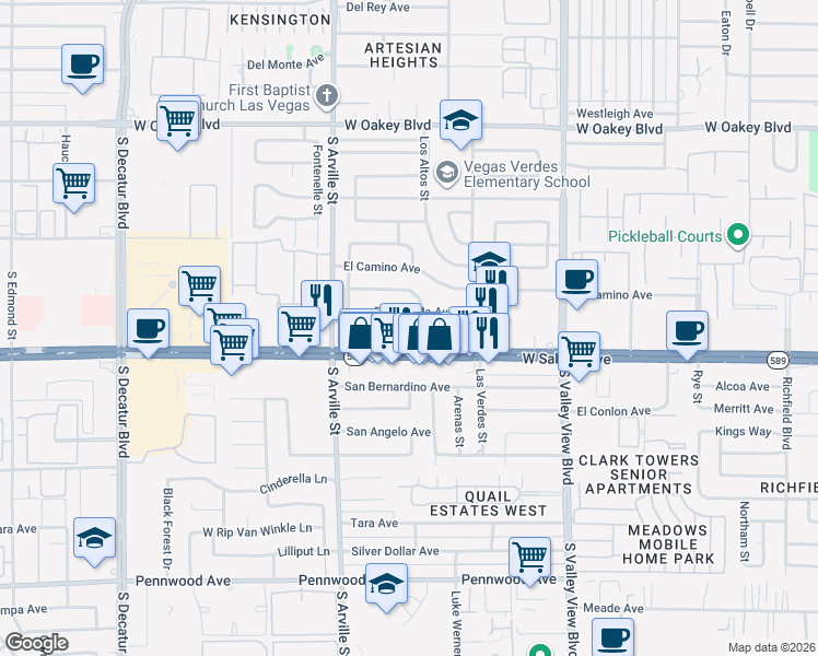 map of restaurants, bars, coffee shops, grocery stores, and more near 4200 Via Vaquero Avenue in Las Vegas