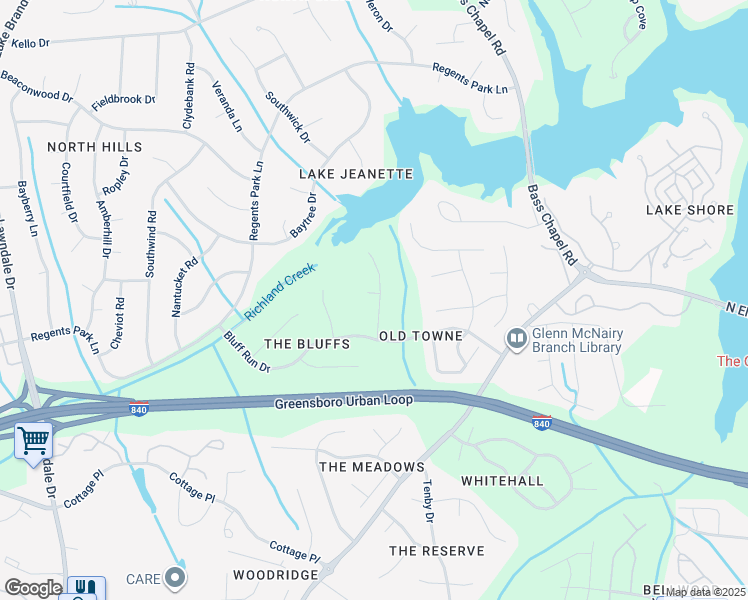 map of restaurants, bars, coffee shops, grocery stores, and more near 15 Bluff Ridge Court in Greensboro