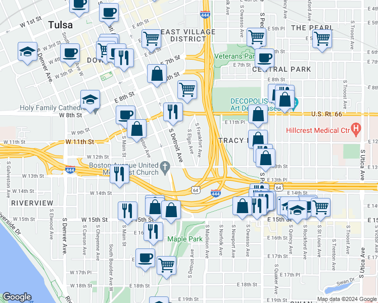 map of restaurants, bars, coffee shops, grocery stores, and more near 1220 South Elgin Avenue in Tulsa