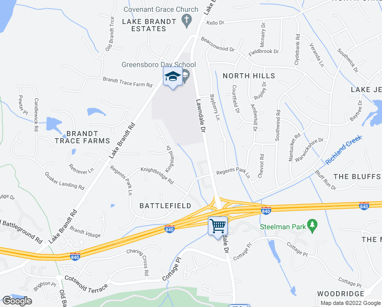 map of restaurants, bars, coffee shops, grocery stores, and more near 5119 Lawndale Drive in Greensboro