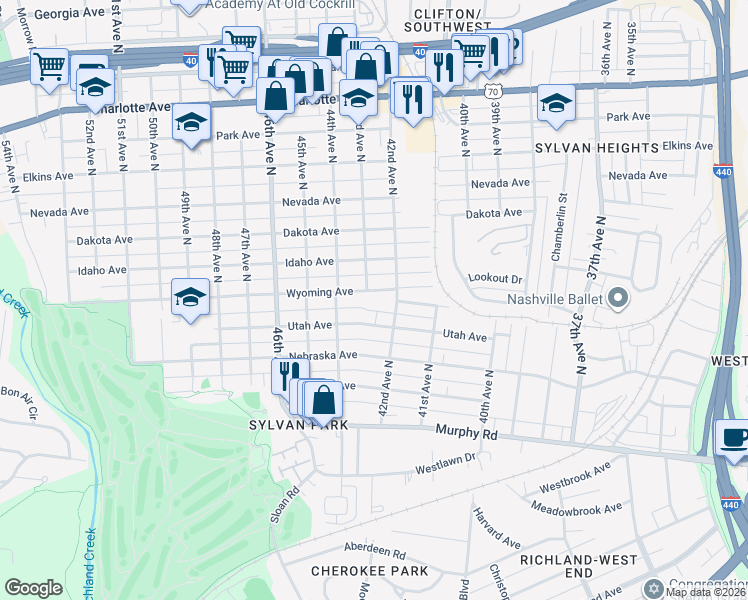 map of restaurants, bars, coffee shops, grocery stores, and more near 4209 Wyoming Avenue in Nashville