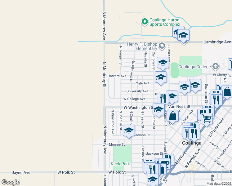 map of restaurants, bars, coffee shops, grocery stores, and more near 974 North Princeton Avenue in Coalinga