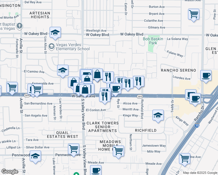 map of restaurants, bars, coffee shops, grocery stores, and more near 3340 West Sahara Avenue in Las Vegas