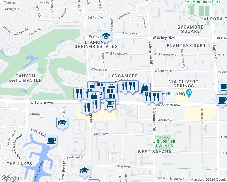 map of restaurants, bars, coffee shops, grocery stores, and more near 8445 Pacific Fountain Avenue in Las Vegas
