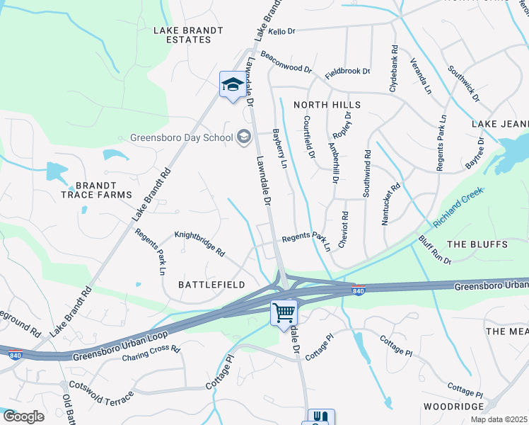 map of restaurants, bars, coffee shops, grocery stores, and more near 5115 Lawndale Drive in Greensboro