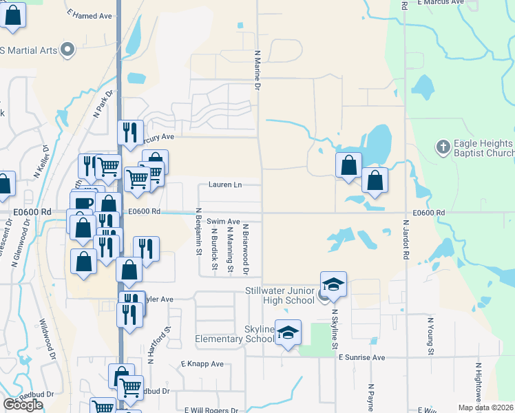 map of restaurants, bars, coffee shops, grocery stores, and more near 1221 East Emma Lane in Stillwater