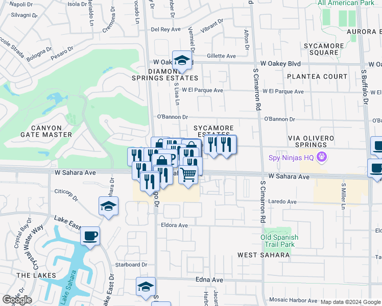 map of restaurants, bars, coffee shops, grocery stores, and more near 8457 Pacific Fountain Avenue in Las Vegas