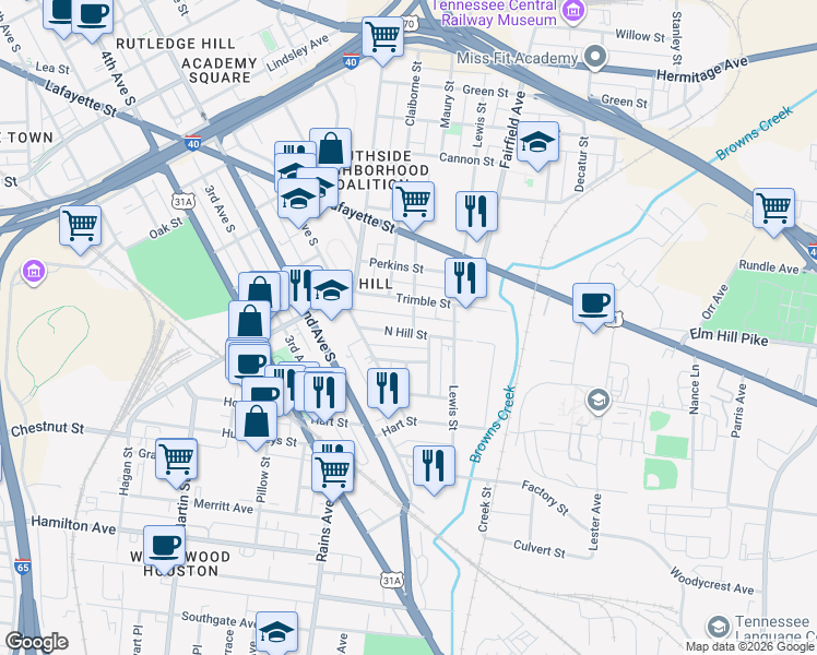 map of restaurants, bars, coffee shops, grocery stores, and more near 34C North Hill Street in Nashville
