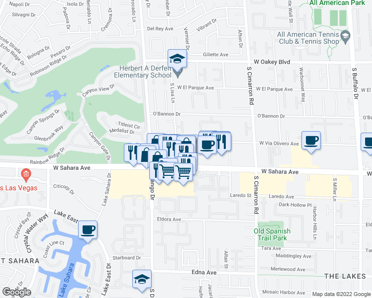 map of restaurants, bars, coffee shops, grocery stores, and more near 8457 Pacific Fountain Avenue in Las Vegas