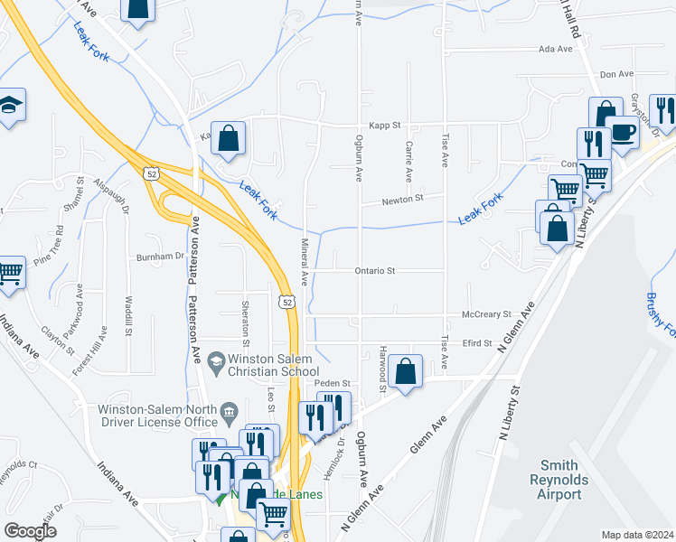 map of restaurants, bars, coffee shops, grocery stores, and more near 544 Ontario Street in Winston-Salem