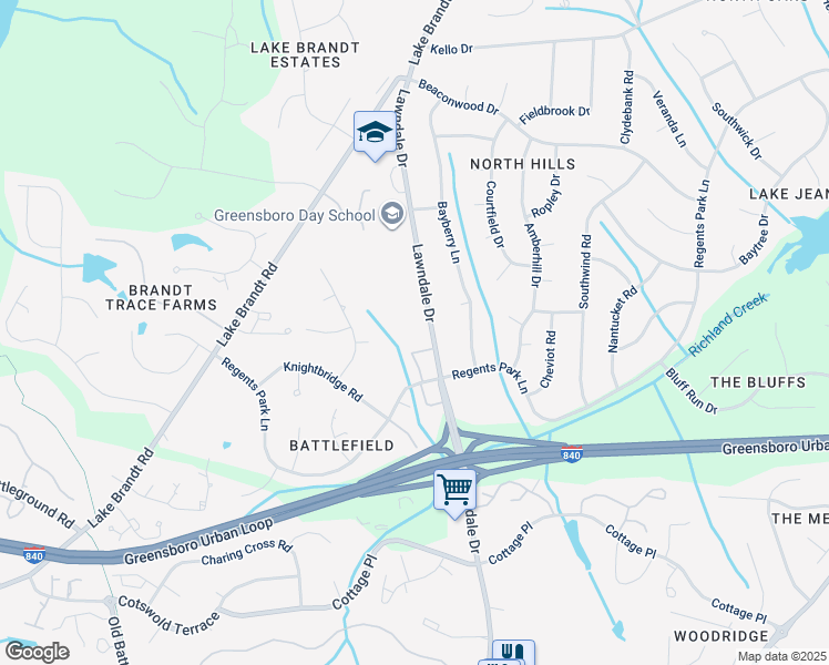 map of restaurants, bars, coffee shops, grocery stores, and more near 5115 Lawndale Drive in Greensboro