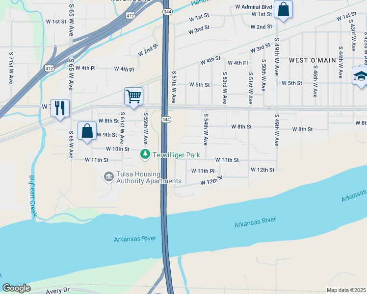 map of restaurants, bars, coffee shops, grocery stores, and more near 5440 West 10th Street in Tulsa