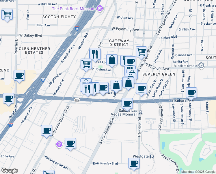 map of restaurants, bars, coffee shops, grocery stores, and more near 223 West Cleveland Avenue in Las Vegas