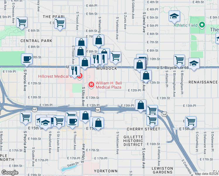 map of restaurants, bars, coffee shops, grocery stores, and more near 2003 East 12th Place in Tulsa