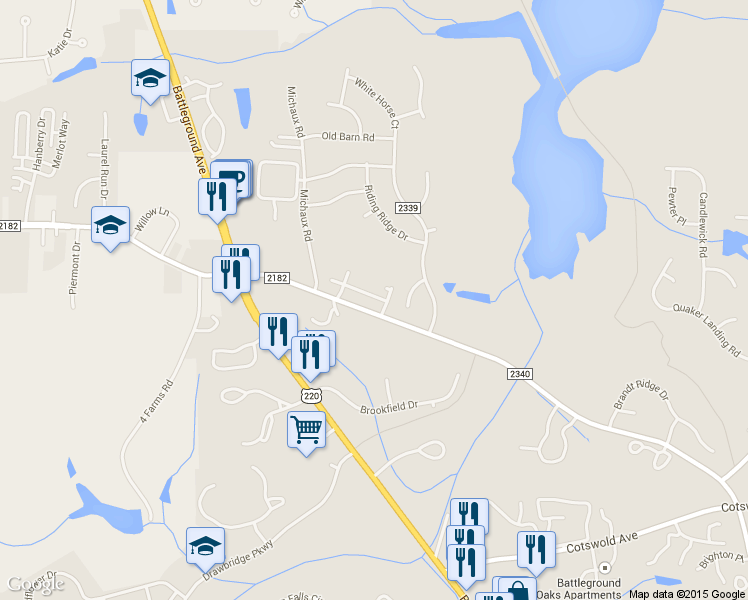 map of restaurants, bars, coffee shops, grocery stores, and more near 5000 Steepleshire Place in Greensboro