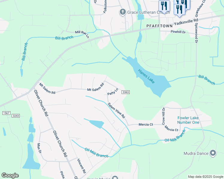 map of restaurants, bars, coffee shops, grocery stores, and more near 2505 Patty Lane in Pfafftown