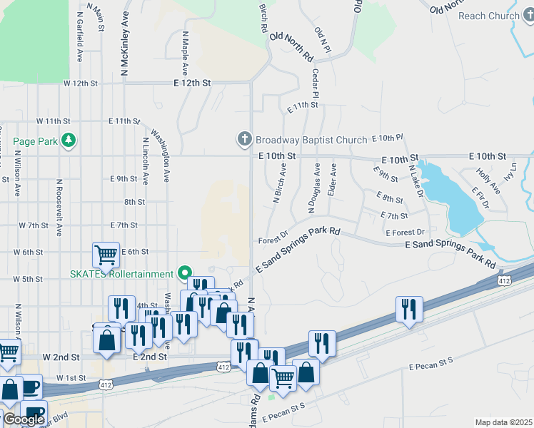 map of restaurants, bars, coffee shops, grocery stores, and more near 704 7th Court in Sand Springs