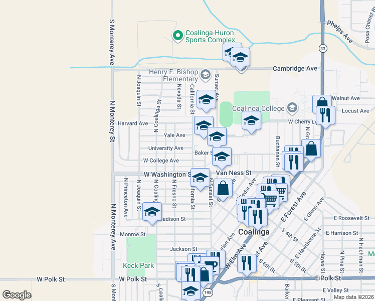 map of restaurants, bars, coffee shops, grocery stores, and more near 227 University Avenue in Coalinga