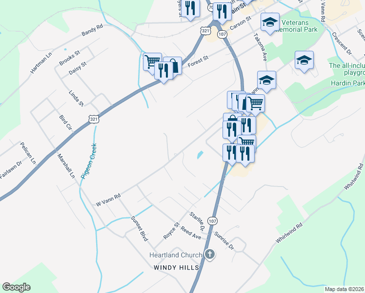 map of restaurants, bars, coffee shops, grocery stores, and more near 1046 West Vann Road in Greeneville