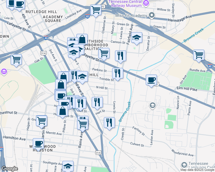 map of restaurants, bars, coffee shops, grocery stores, and more near 34C North Hill Street in Nashville