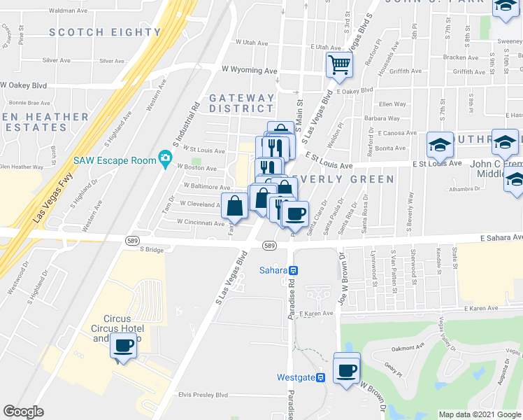 map of restaurants, bars, coffee shops, grocery stores, and more near 69 West Cleveland Avenue in Las Vegas