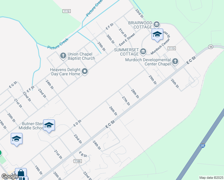map of restaurants, bars, coffee shops, grocery stores, and more near 1009 East D Street in Butner