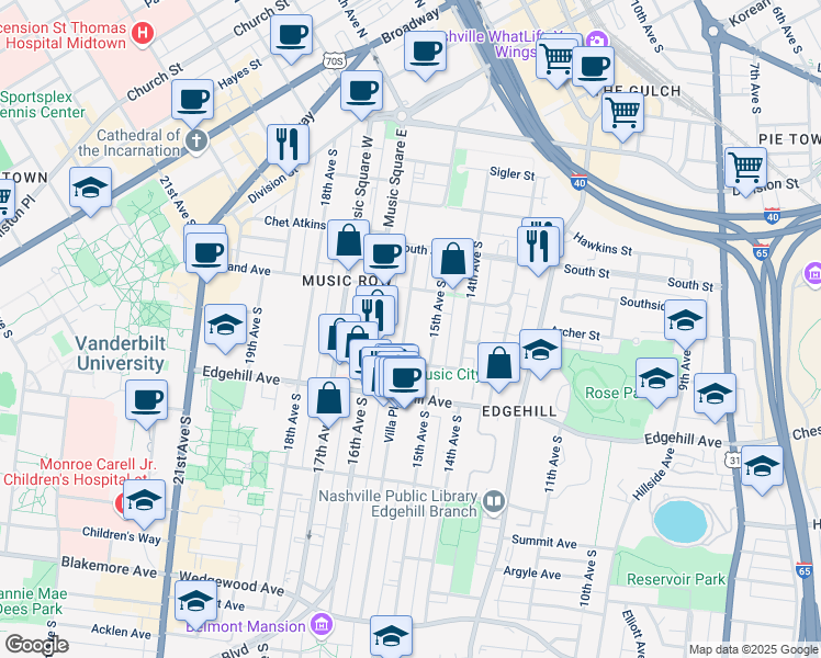 map of restaurants, bars, coffee shops, grocery stores, and more near 1016 Villa Place in Nashville