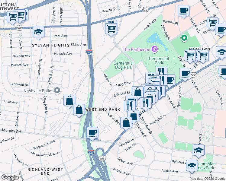 map of restaurants, bars, coffee shops, grocery stores, and more near 3138 Long Boulevard in Nashville