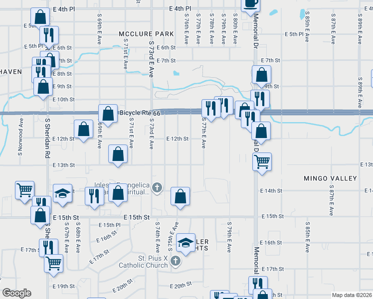 map of restaurants, bars, coffee shops, grocery stores, and more near 1215 South 76th East Avenue in Tulsa