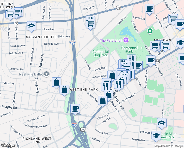 map of restaurants, bars, coffee shops, grocery stores, and more near 3138 Long Boulevard in Nashville