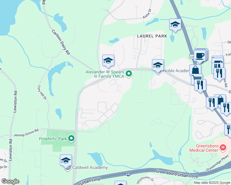 map of restaurants, bars, coffee shops, grocery stores, and more near 4005 Lucca Promenade Way in Greensboro