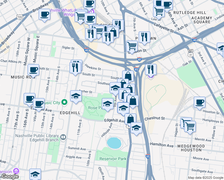 map of restaurants, bars, coffee shops, grocery stores, and more near 908 Archer Street in Nashville