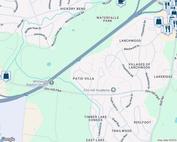 map of restaurants, bars, coffee shops, grocery stores, and more near 1005 Patio Drive in Nashville
