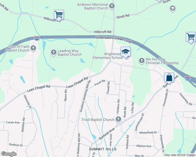map of restaurants, bars, coffee shops, grocery stores, and more near 2406 Lees Chapel Road in Greensboro