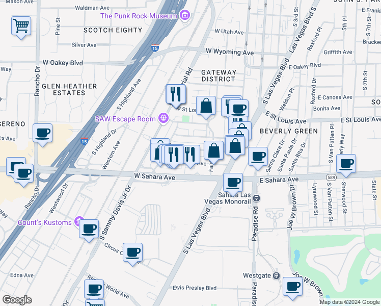 map of restaurants, bars, coffee shops, grocery stores, and more near 239 West Cleveland Avenue in Las Vegas