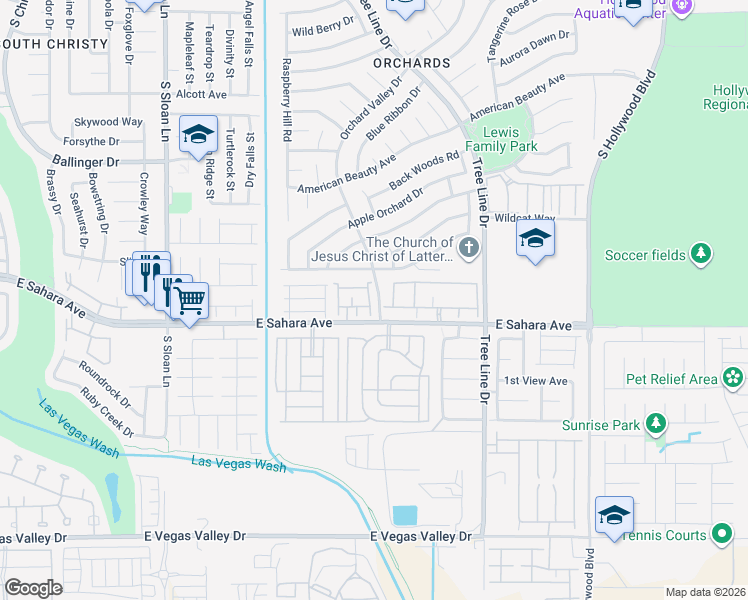 map of restaurants, bars, coffee shops, grocery stores, and more near 6223 Peach Orchard Road in Las Vegas