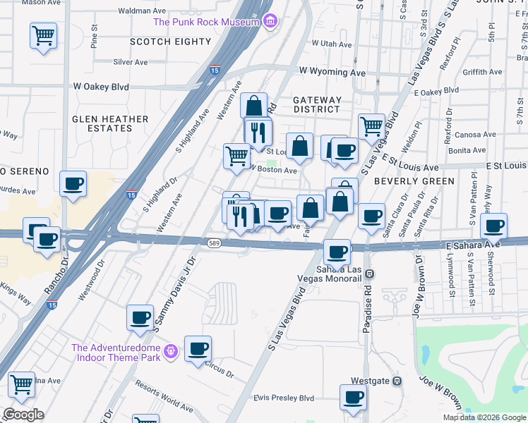 map of restaurants, bars, coffee shops, grocery stores, and more near 311 West Cleveland Avenue in Las Vegas