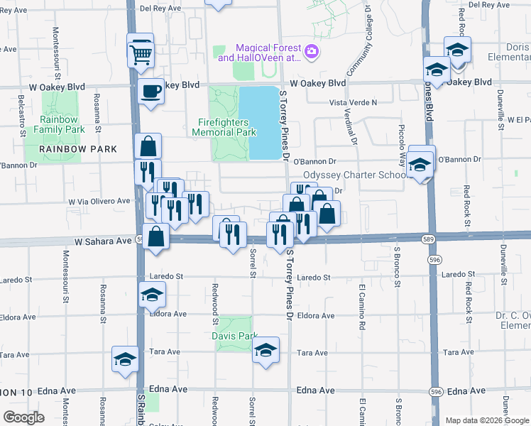 map of restaurants, bars, coffee shops, grocery stores, and more near 6505 Peppermill Drive in Las Vegas