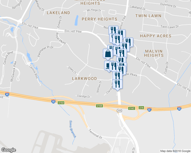 map of restaurants, bars, coffee shops, grocery stores, and more near 2712 Shacklett Drive in Nashville