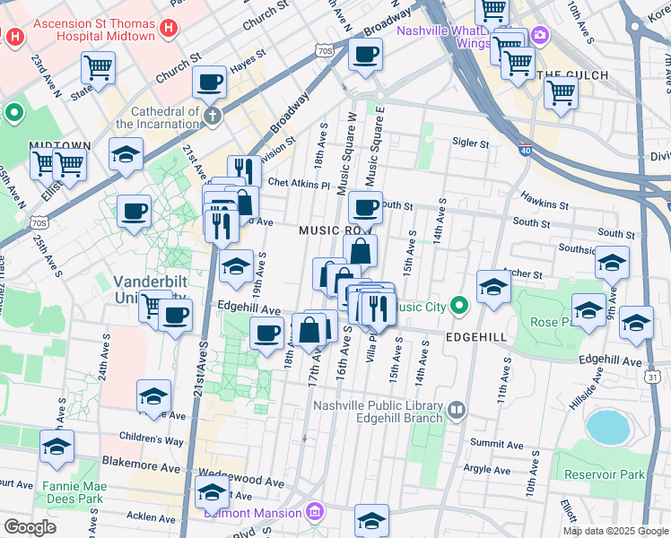 map of restaurants, bars, coffee shops, grocery stores, and more near 1021 17th Avenue South in Nashville