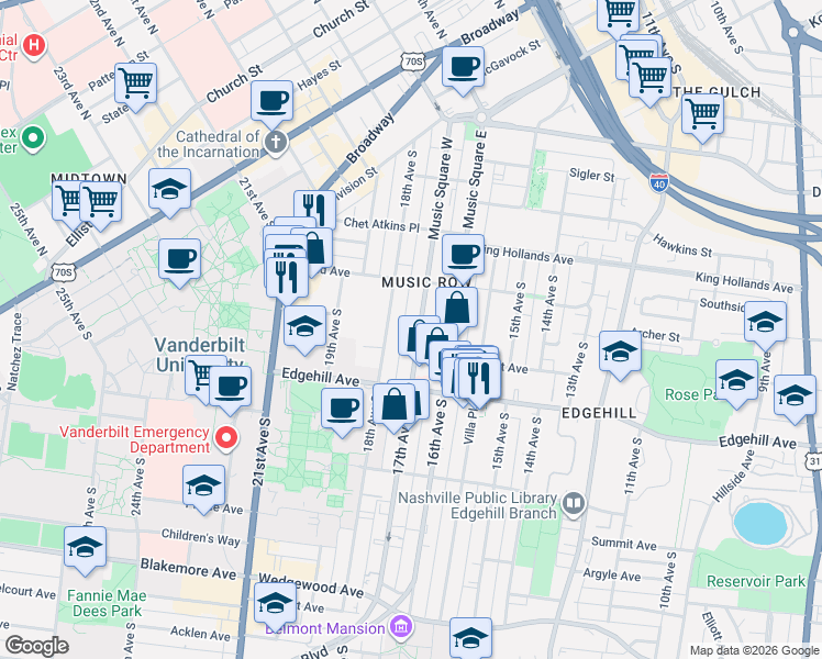 map of restaurants, bars, coffee shops, grocery stores, and more near 1021 17th Avenue South in Nashville