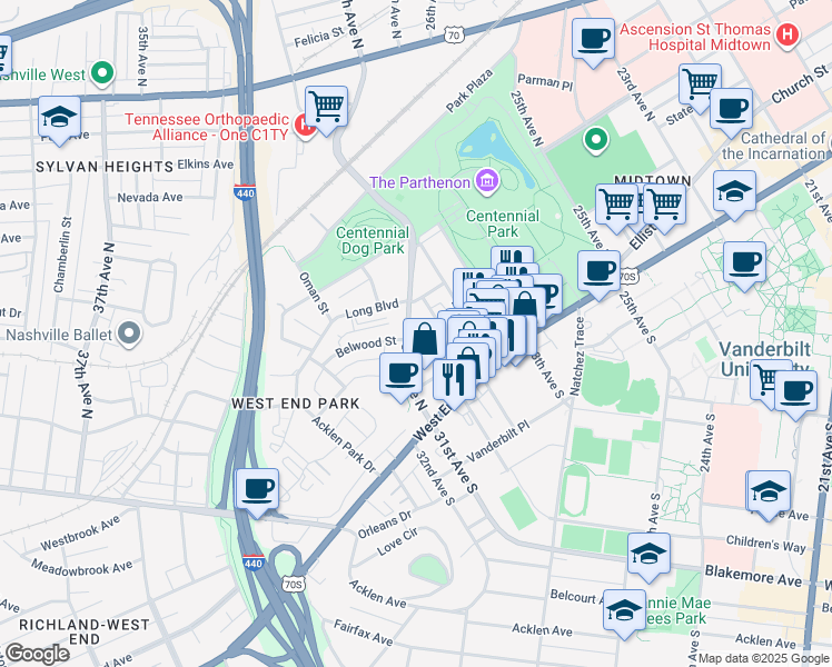map of restaurants, bars, coffee shops, grocery stores, and more near 3002 Poston Avenue in Nashville