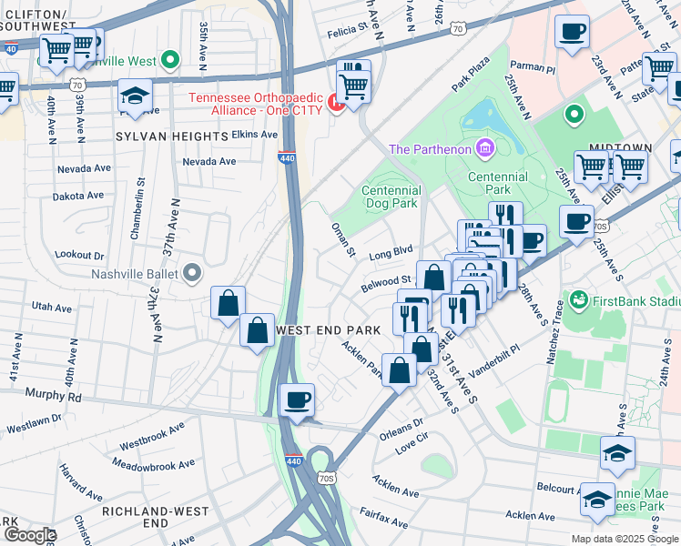 map of restaurants, bars, coffee shops, grocery stores, and more near 3138 Long Boulevard in Nashville